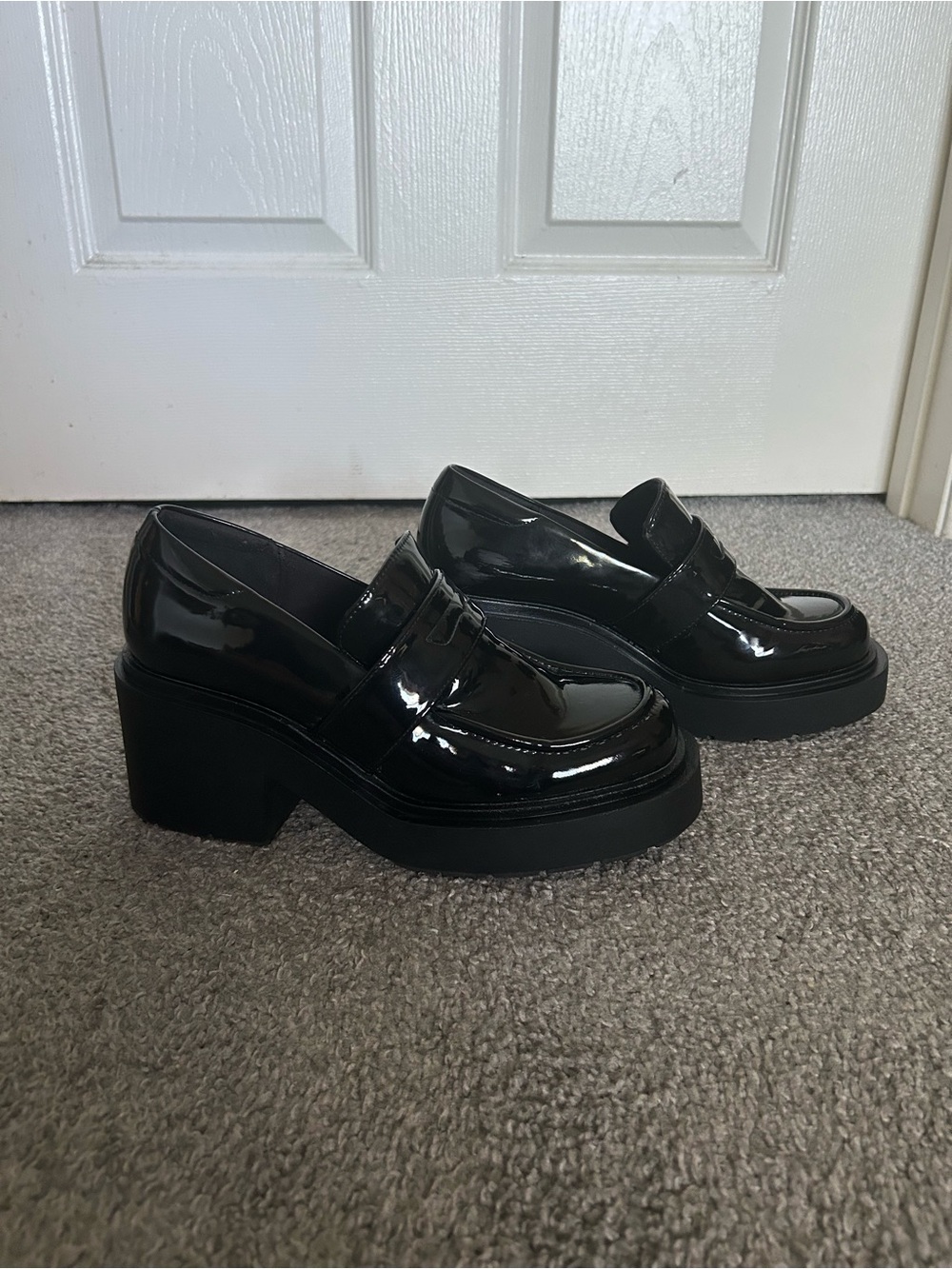 Monki Black Vegan Patent Leather Chunky Heel Loafers
